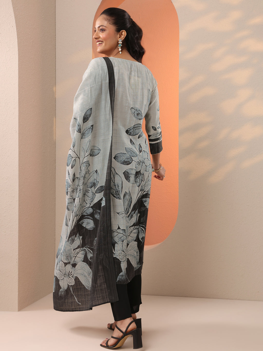 Grey Printed Silk Blend Straight Suit Set With Dupatta