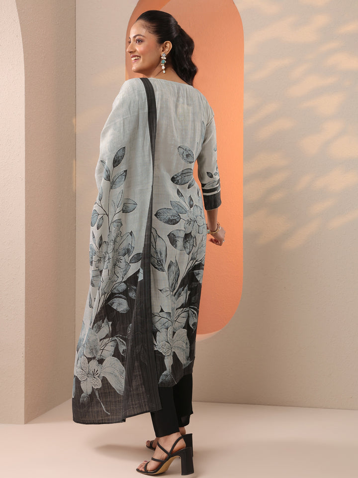 Grey Printed Silk Blend Straight Suit Set With Dupatta