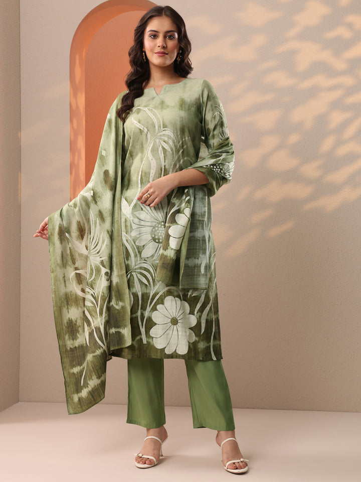 Green Printed Silk Blend Straight Suit Set With Dupatta