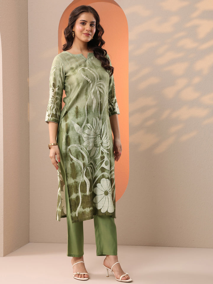 Green Printed Silk Blend Straight Suit Set With Dupatta