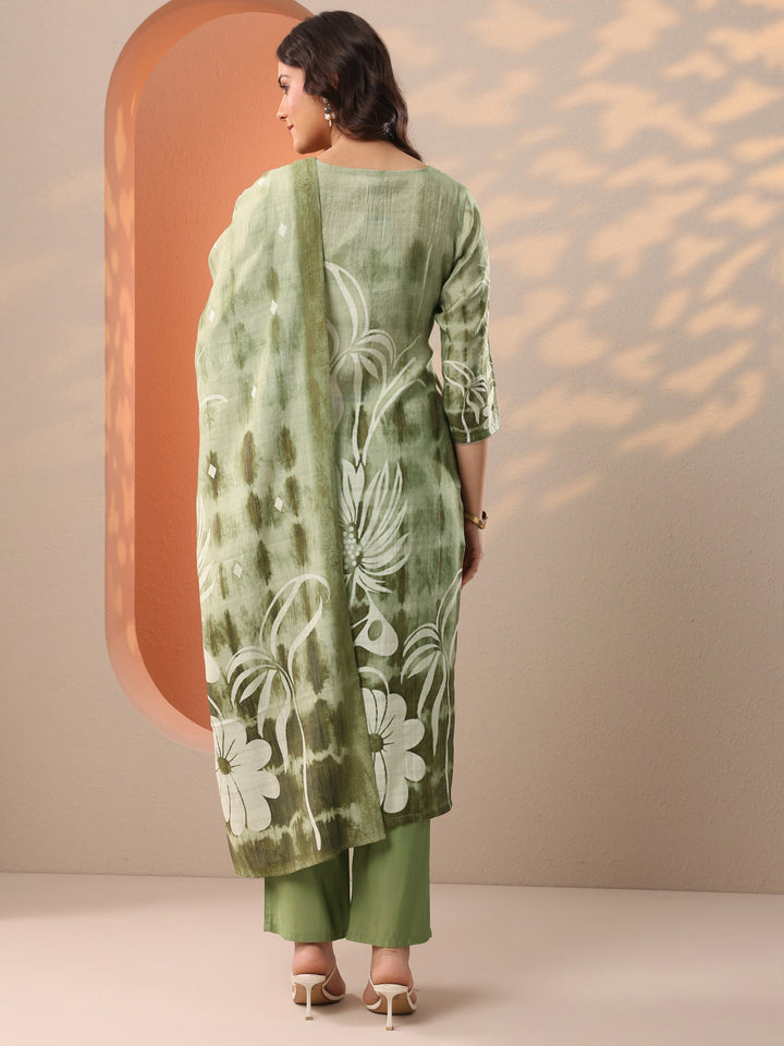 Green Printed Silk Blend Straight Suit Set With Dupatta