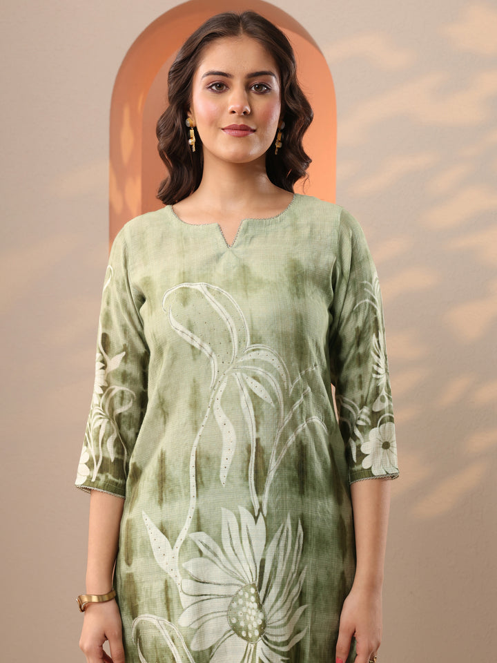 Green Printed Silk Blend Straight Suit Set With Dupatta