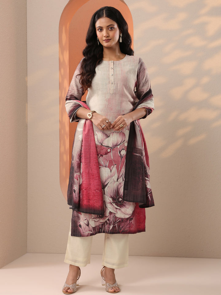Beige Printed Silk Blend Straight Suit Set With Dupatta