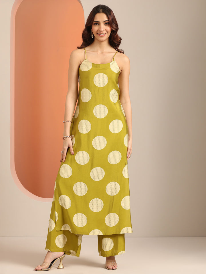 Green Printed Silk Blend Straight Kurta Set