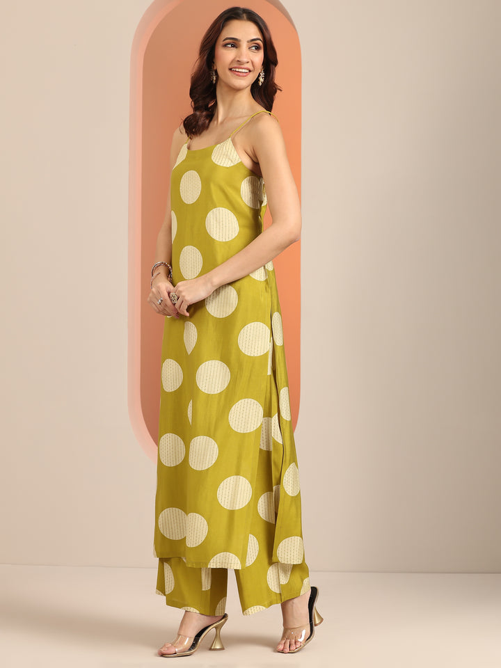 Green Printed Silk Blend Straight Kurta Set