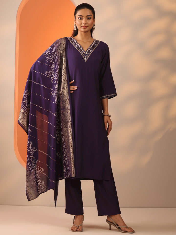 Purple Embroidered Silk Blend Straight Suit Set With Dupatta