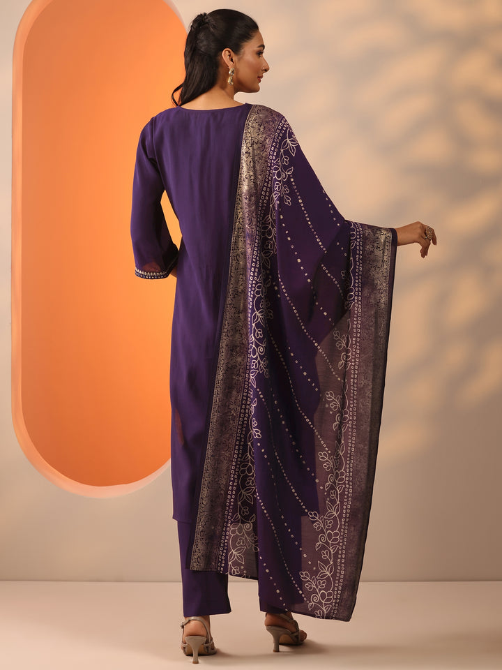Purple Embroidered Silk Blend Straight Suit Set With Dupatta