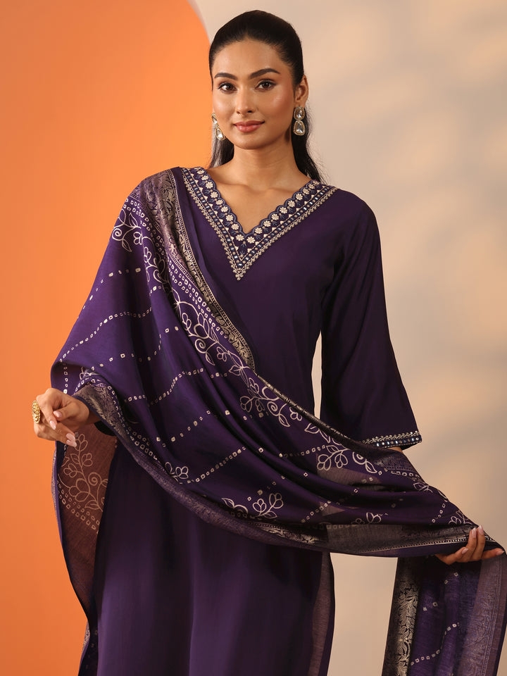 Purple Embroidered Silk Blend Straight Suit Set With Dupatta