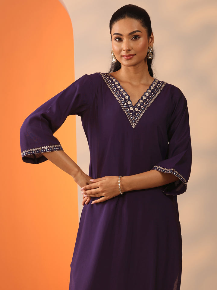 Purple Embroidered Silk Blend Straight Suit Set With Dupatta