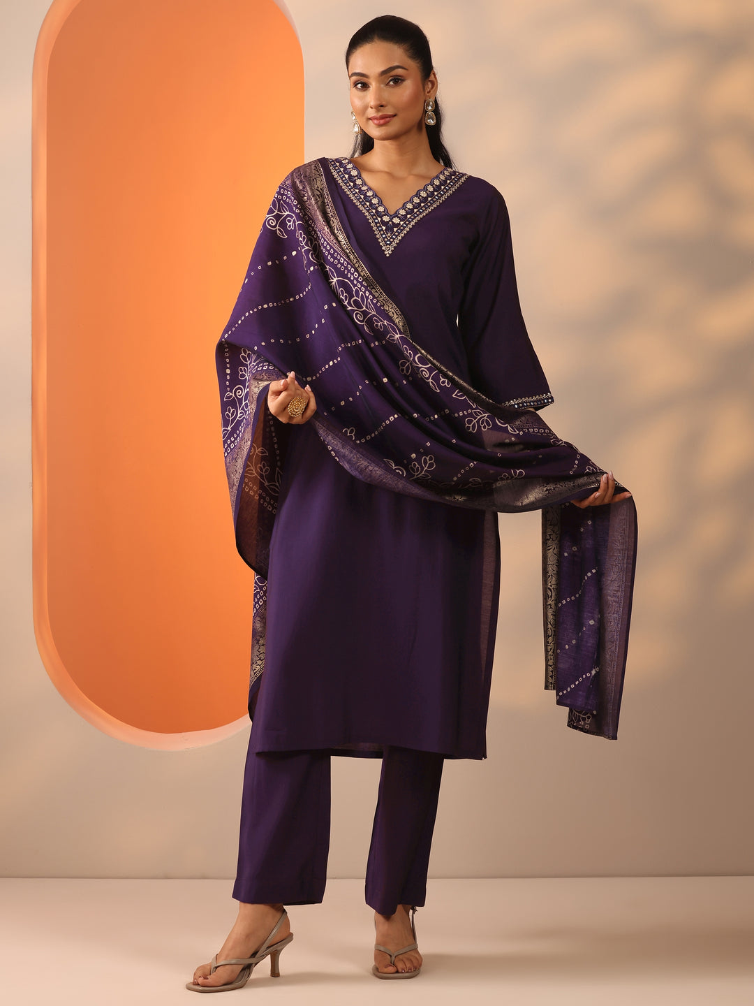 Purple Embroidered Silk Blend Straight Suit Set With Dupatta