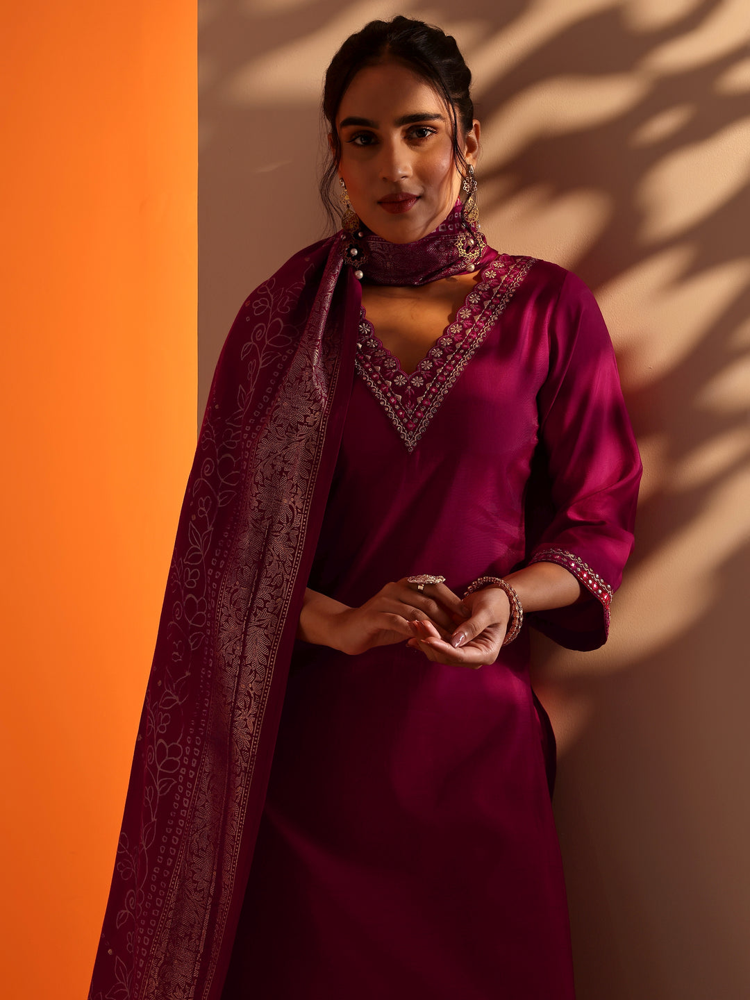 Pink Embroidered Silk Blend Straight Suit Set With Dupatta