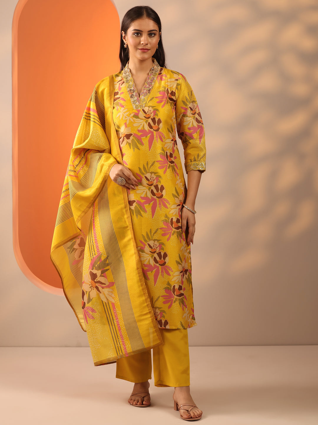 Yellow Embroidered Silk Blend Straight Suit Set With Dupatta