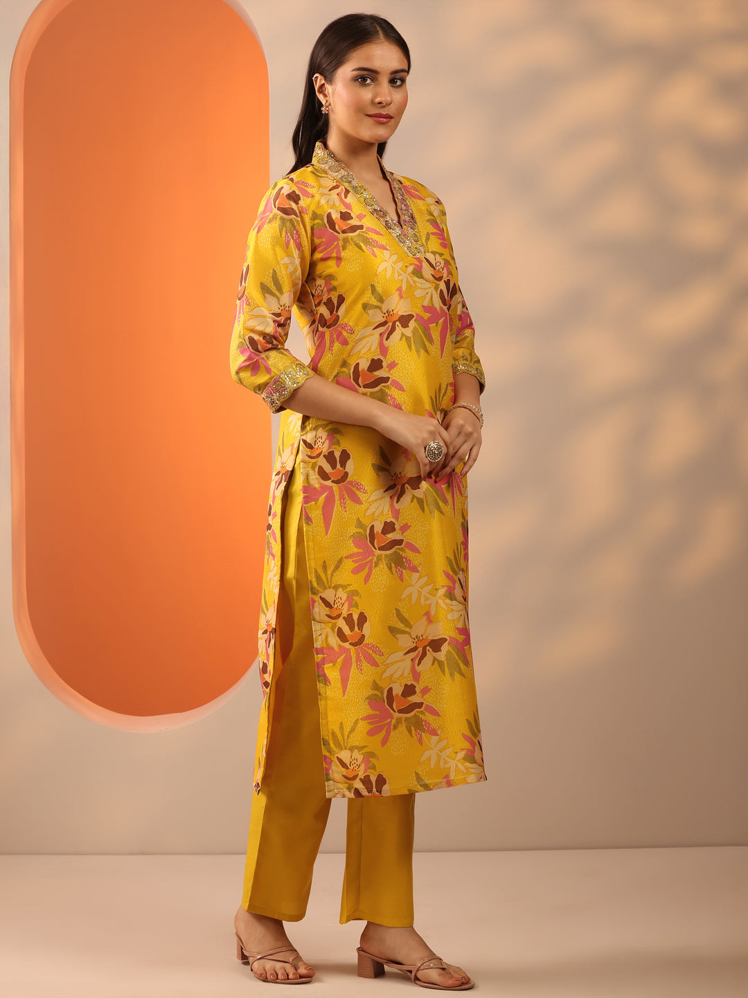 Yellow Embroidered Silk Blend Straight Suit Set With Dupatta