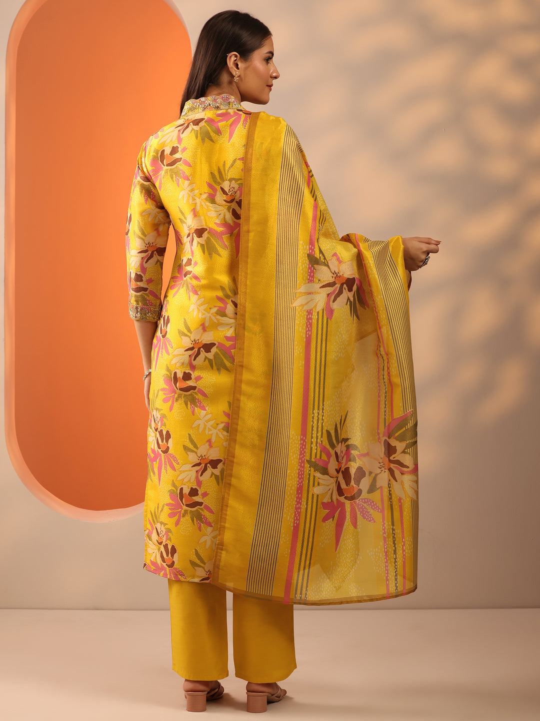Yellow Embroidered Silk Blend Straight Suit Set With Dupatta