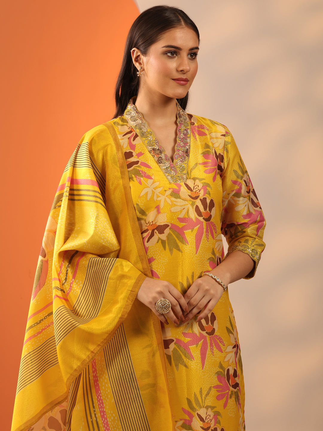 Yellow Embroidered Silk Blend Straight Suit Set With Dupatta
