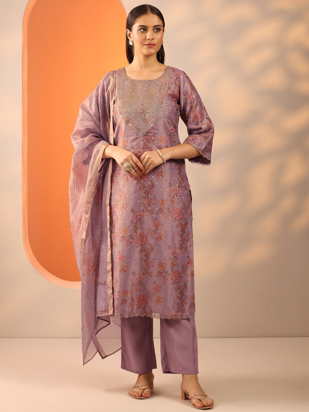 Lavender Printed Silk Blend Straight Suit Set With Dupatta