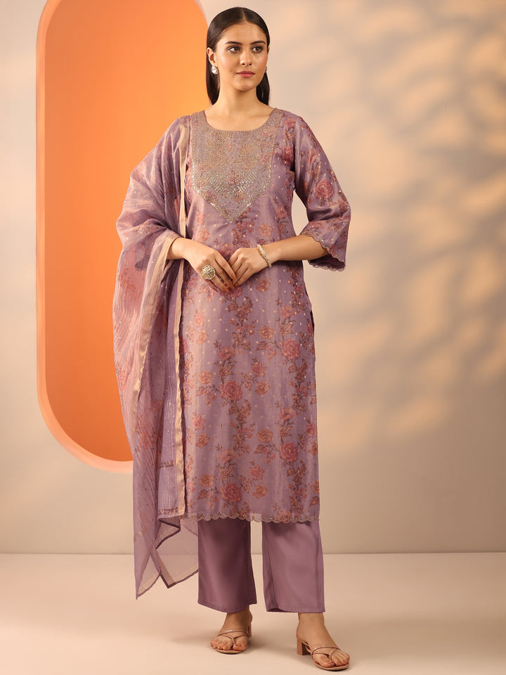 Lavender Printed Silk Blend Straight Suit Set With Dupatta