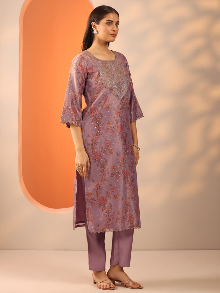 Lavender Printed Silk Blend Straight Suit Set With Dupatta