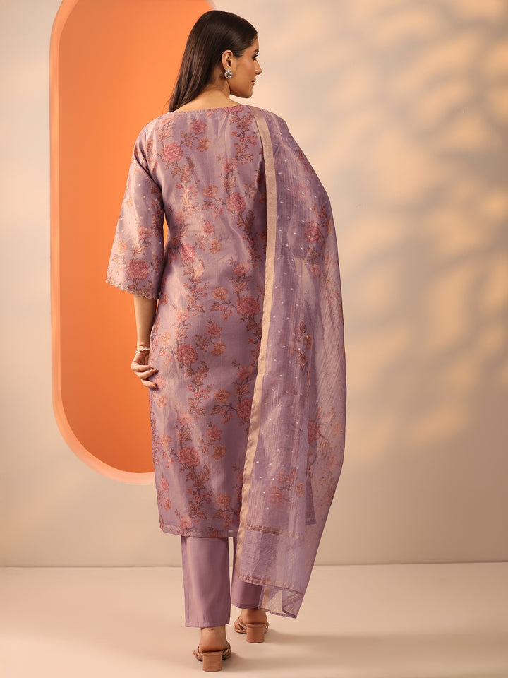Lavender Printed Silk Blend Straight Suit Set With Dupatta