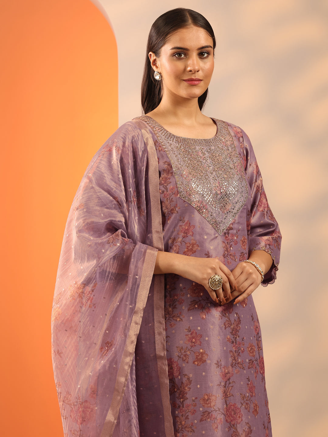 Lavender Printed Silk Blend Straight Suit Set With Dupatta