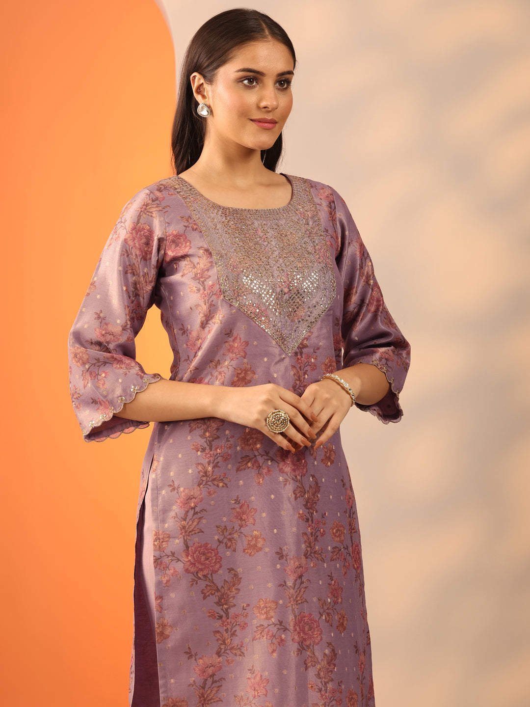 Lavender Printed Silk Blend Straight Suit Set With Dupatta