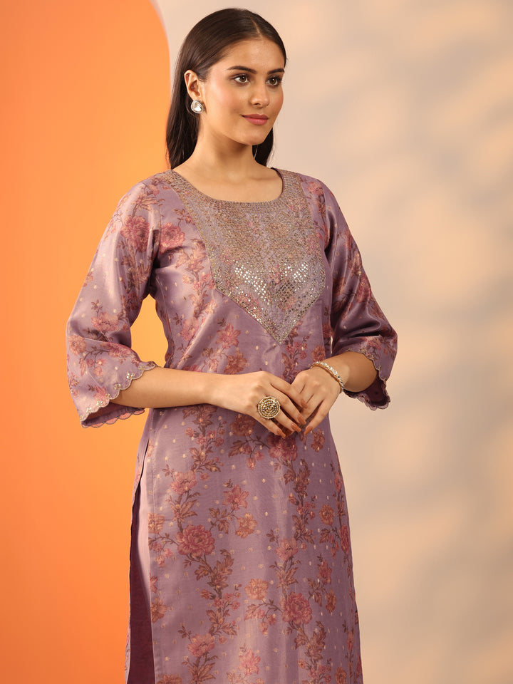 Lavender Printed Silk Blend Straight Suit Set With Dupatta