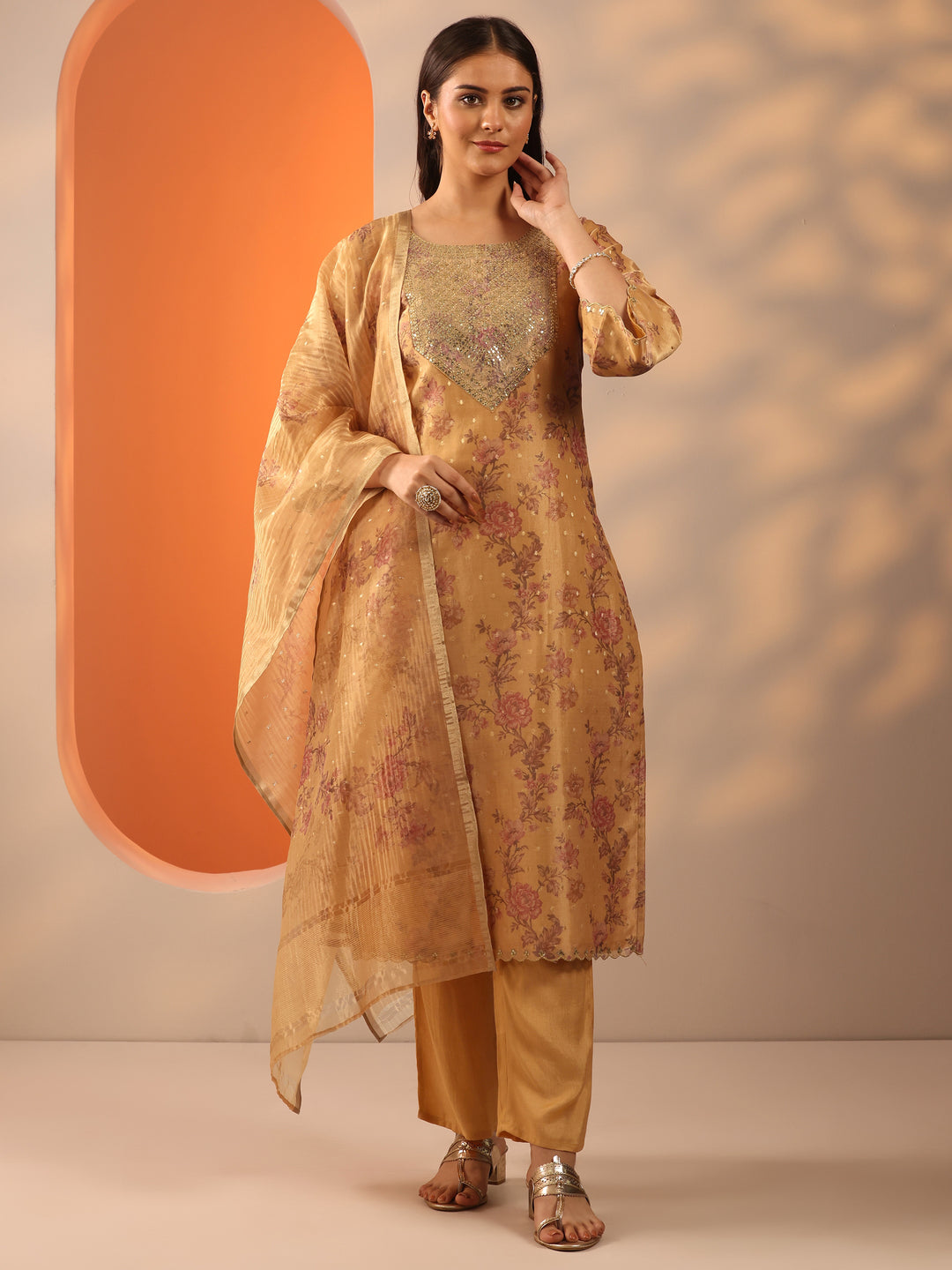 Mustard Printed Silk Blend Straight Suit Set With Dupatta