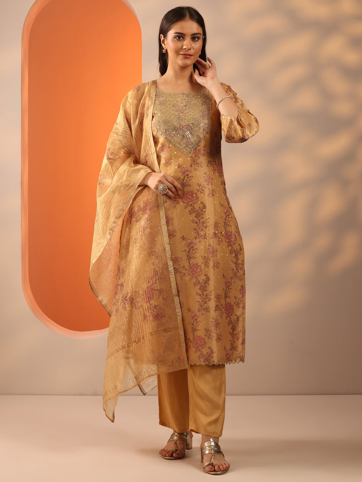 Mustard Printed Silk Blend Straight Suit Set With Dupatta