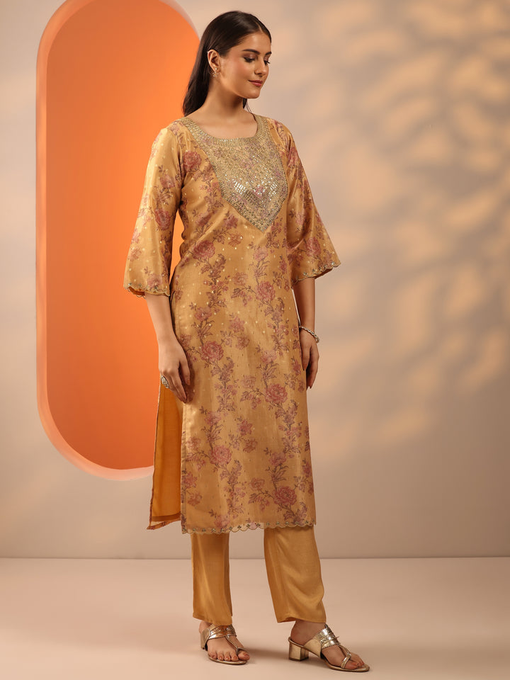 Mustard Printed Silk Blend Straight Suit Set With Dupatta