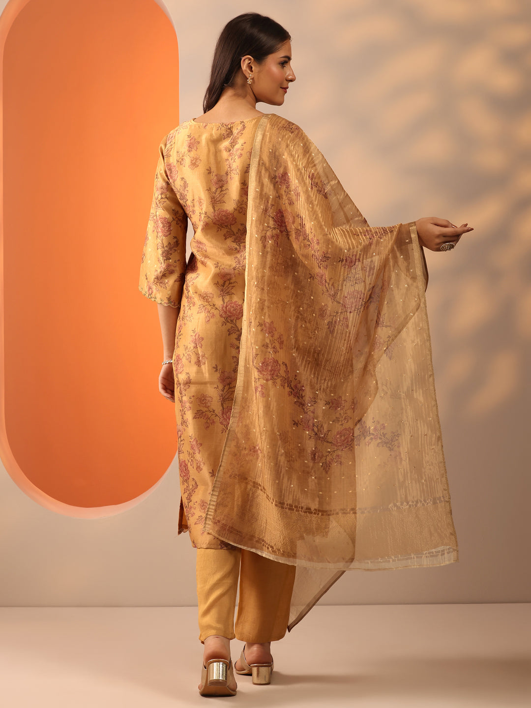 Mustard Printed Silk Blend Straight Suit Set With Dupatta