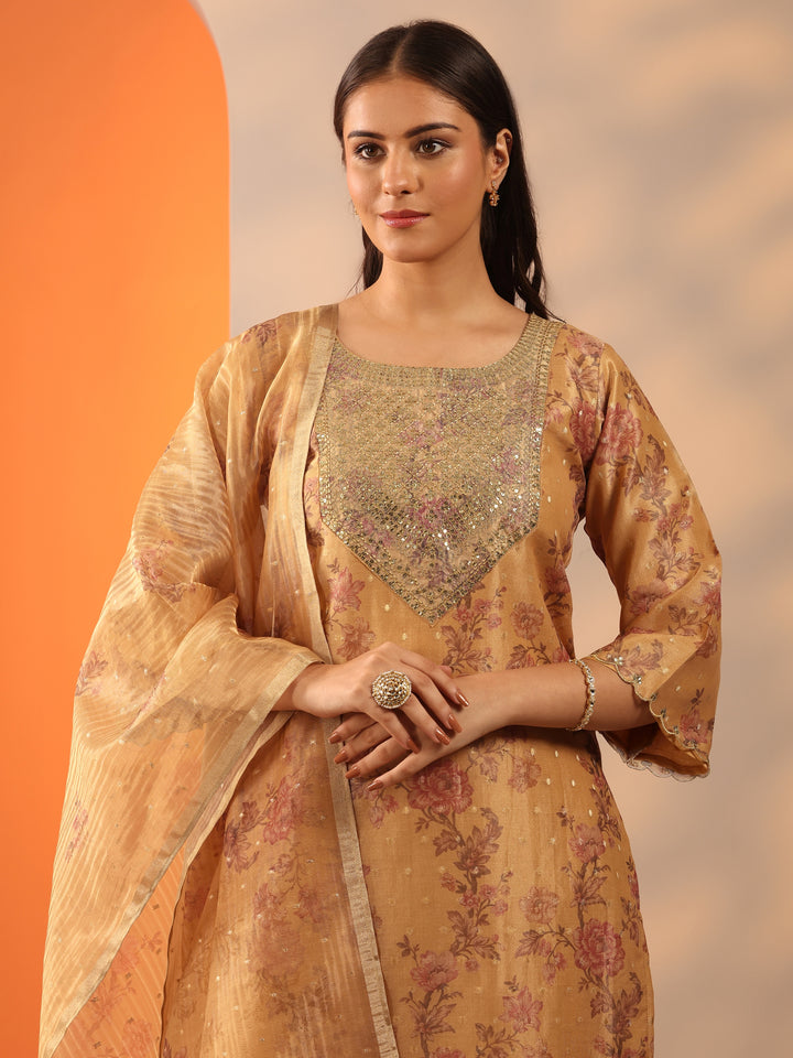 Mustard Printed Silk Blend Straight Suit Set With Dupatta