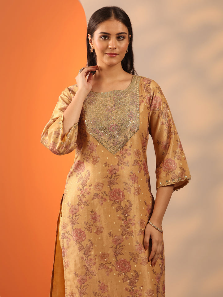 Mustard Printed Silk Blend Straight Suit Set With Dupatta