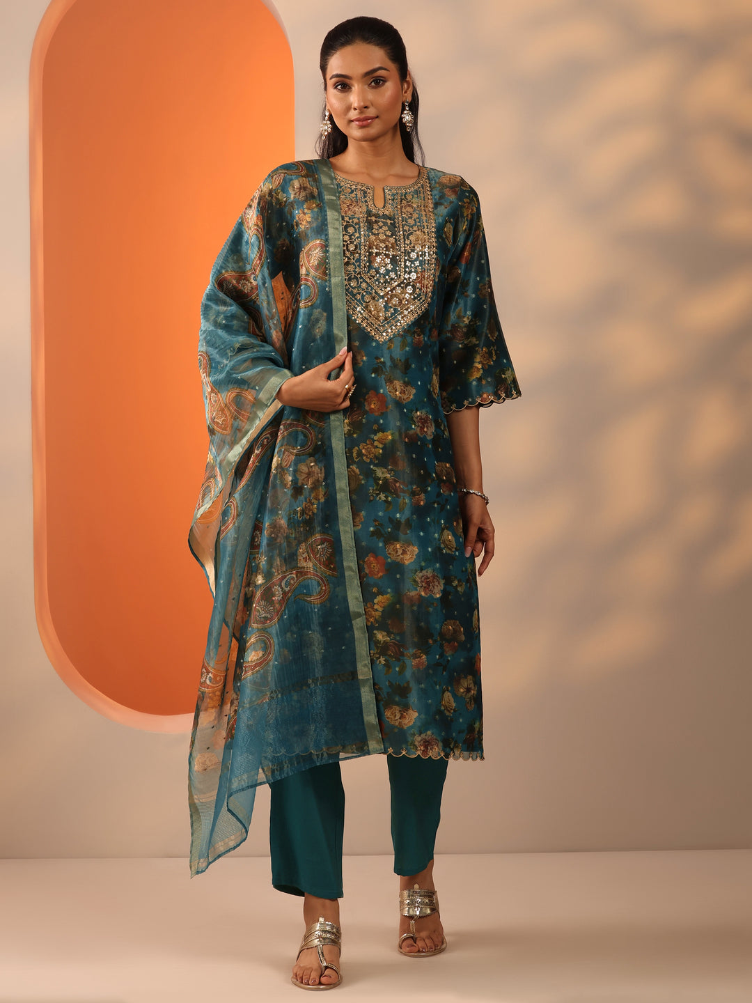 Teal Printed Silk Blend Straight Suit Set With Dupatta