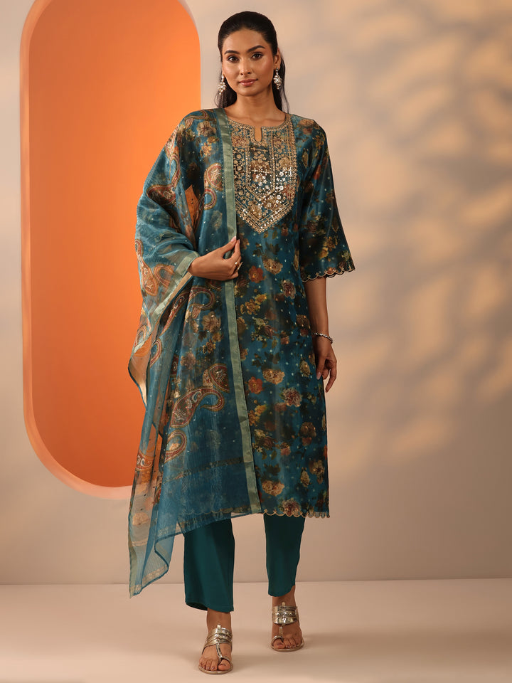 Teal Printed Silk Blend Straight Suit Set With Dupatta