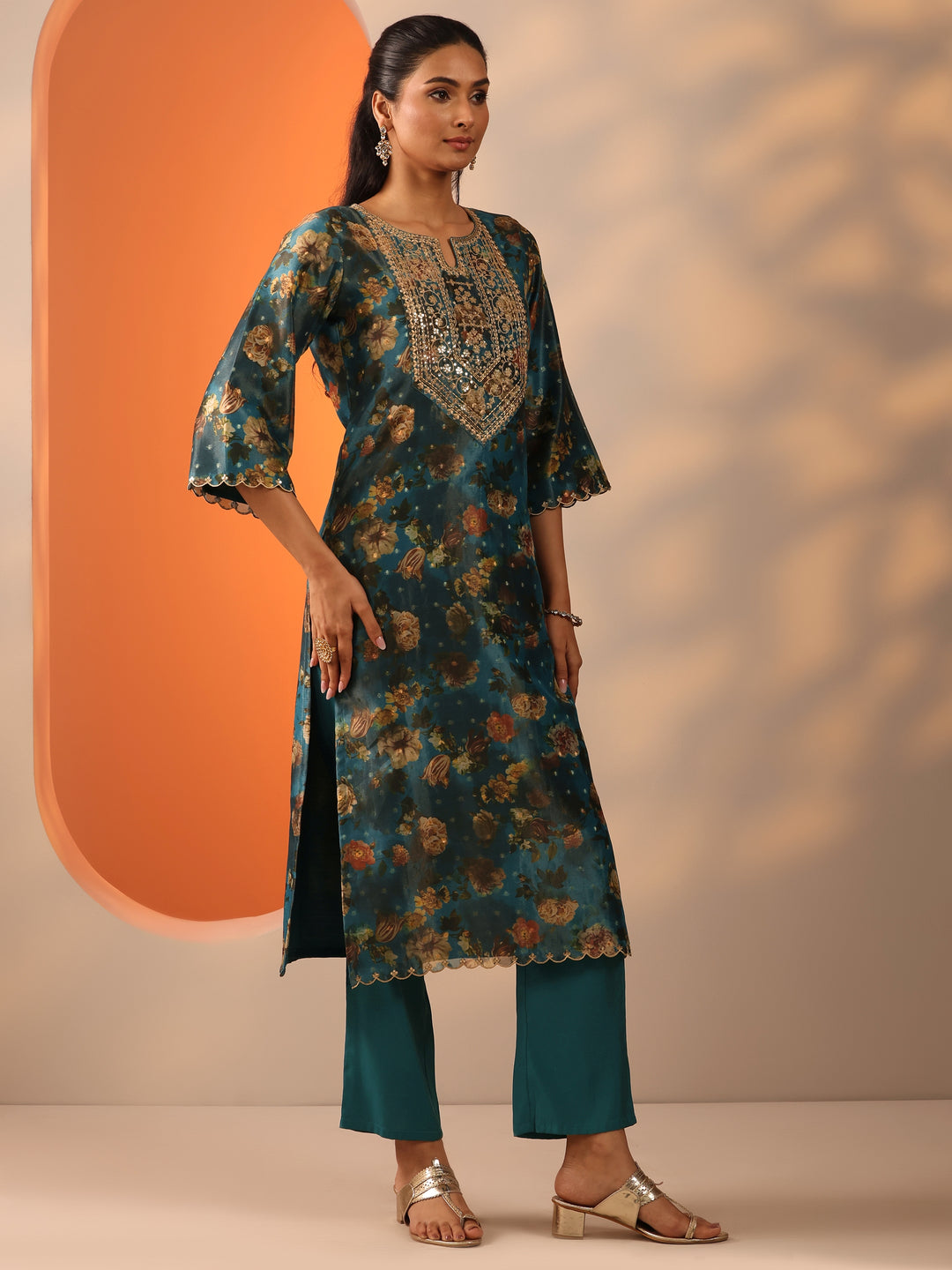 Teal Printed Silk Blend Straight Suit Set With Dupatta