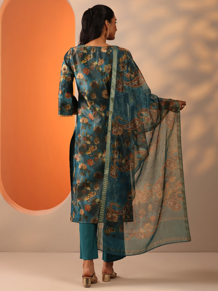 Teal Printed Silk Blend Straight Suit Set With Dupatta