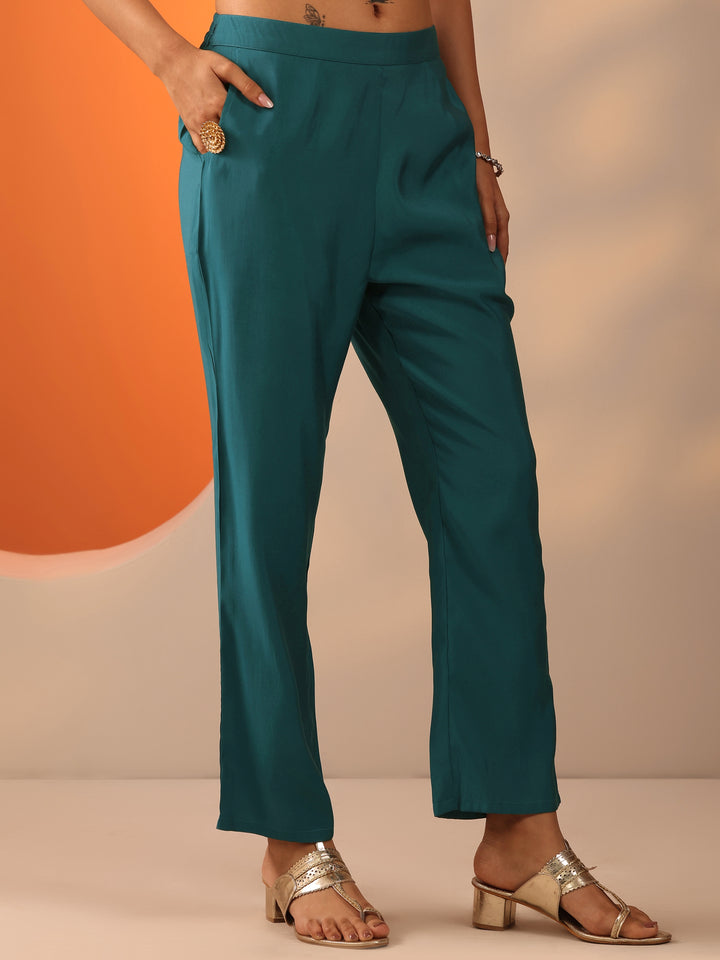 Teal Printed Silk Blend Straight Suit Set With Dupatta