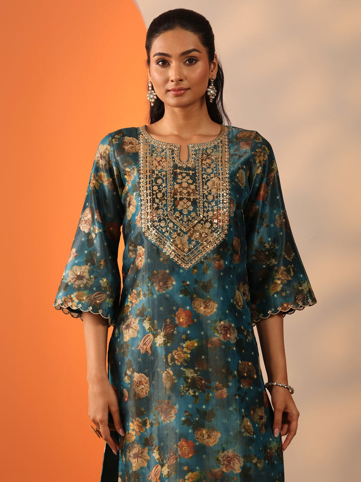 Teal Printed Silk Blend Straight Suit Set With Dupatta