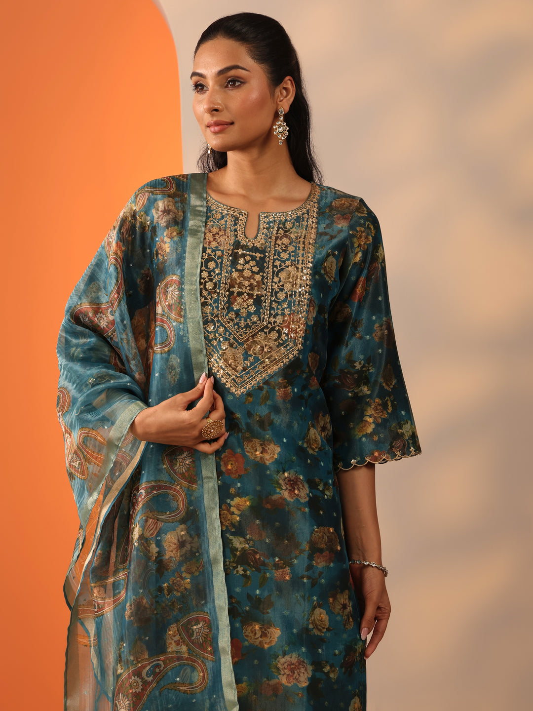 Teal Printed Silk Blend Straight Suit Set With Dupatta