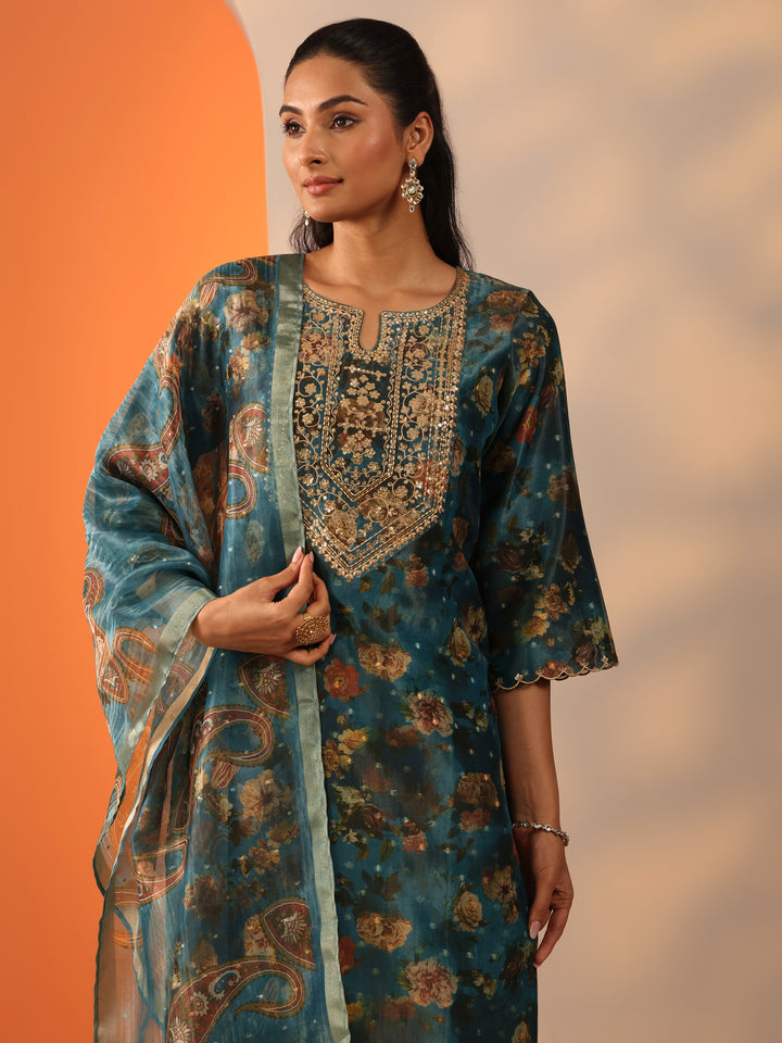 Teal Printed Silk Blend Straight Suit Set With Dupatta