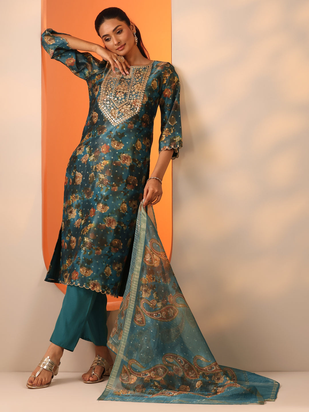 Teal Printed Silk Blend Straight Suit Set With Dupatta