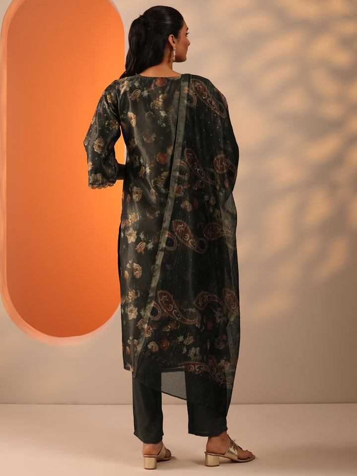 Green Printed Silk Blend Straight Suit Set With Dupatta