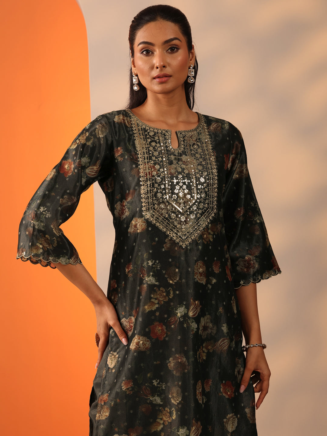 Green Printed Silk Blend Straight Suit Set With Dupatta