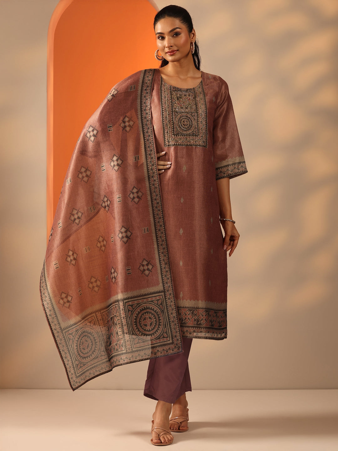 Rust Printed Silk blend Straight Suit Set With Dupatta