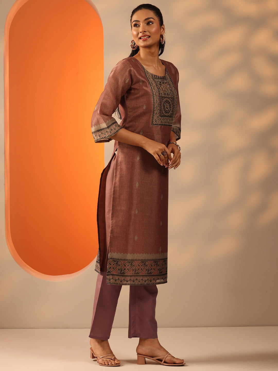 Rust Printed Silk blend Straight Suit Set With Dupatta