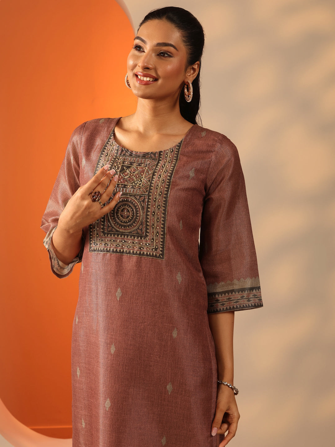 Rust Printed Silk blend Straight Suit Set With Dupatta