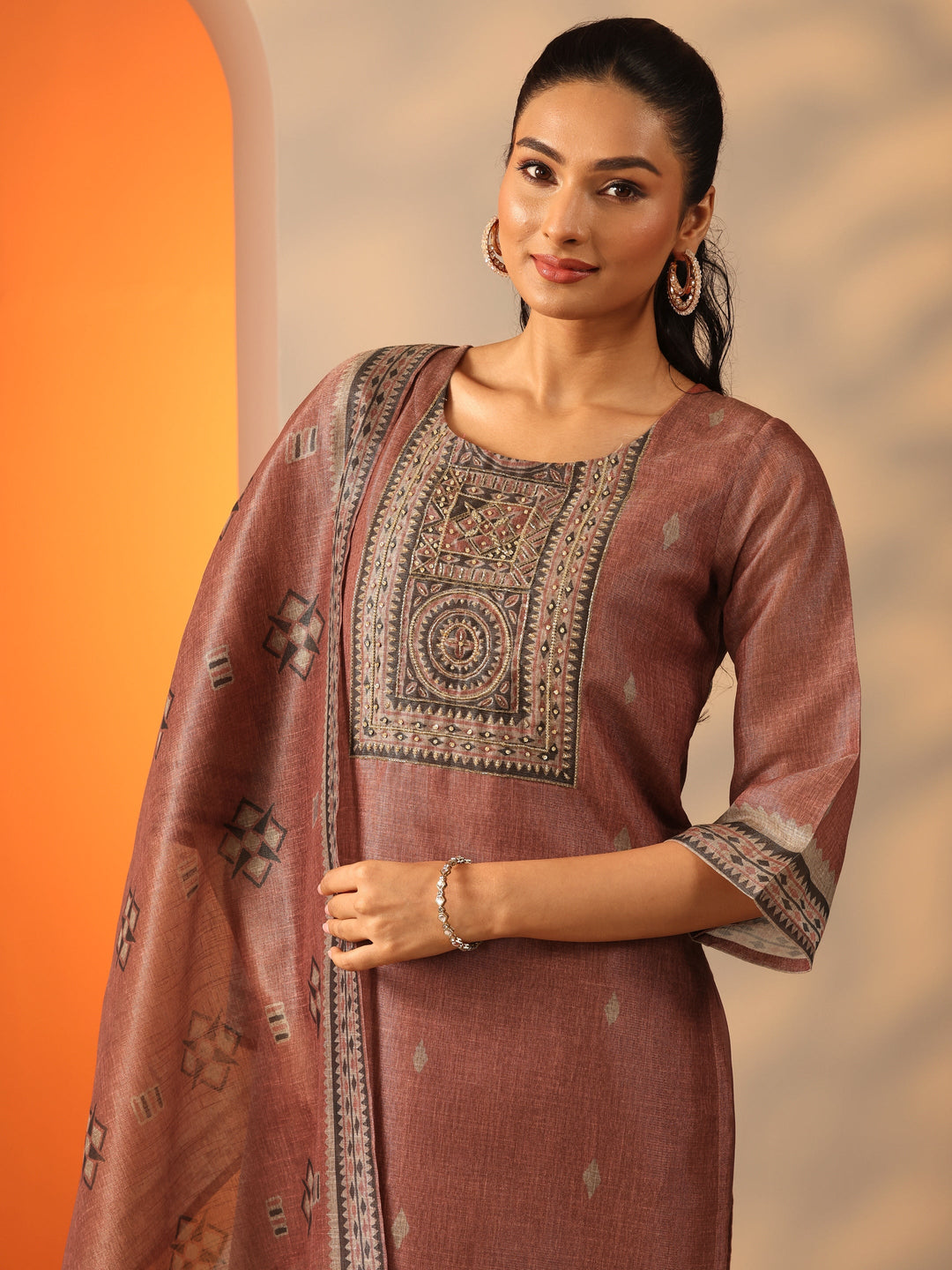 Rust Printed Silk blend Straight Suit Set With Dupatta