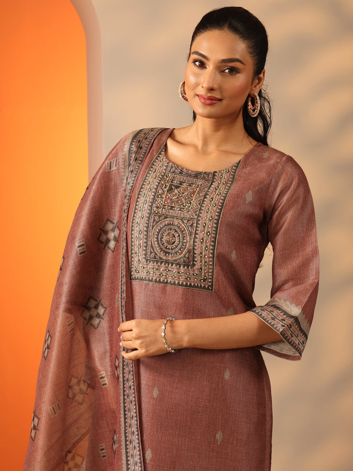 Rust Printed Silk blend Straight Suit Set With Dupatta