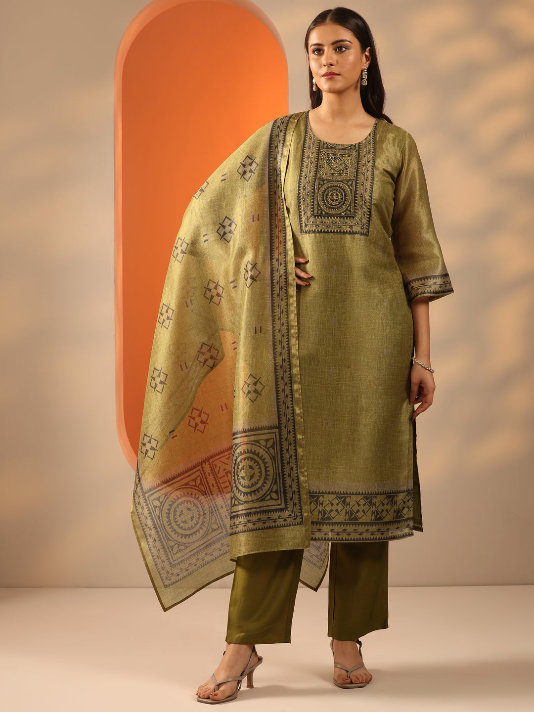 Olive Yoke Design Silk Blend Straight Suit Set With Dupatta