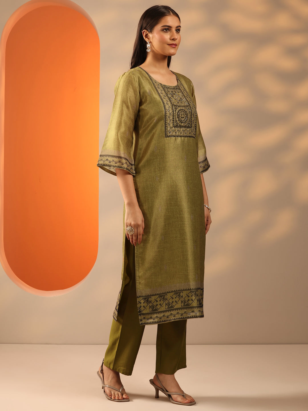 Olive Yoke Design Silk Blend Straight Suit Set With Dupatta